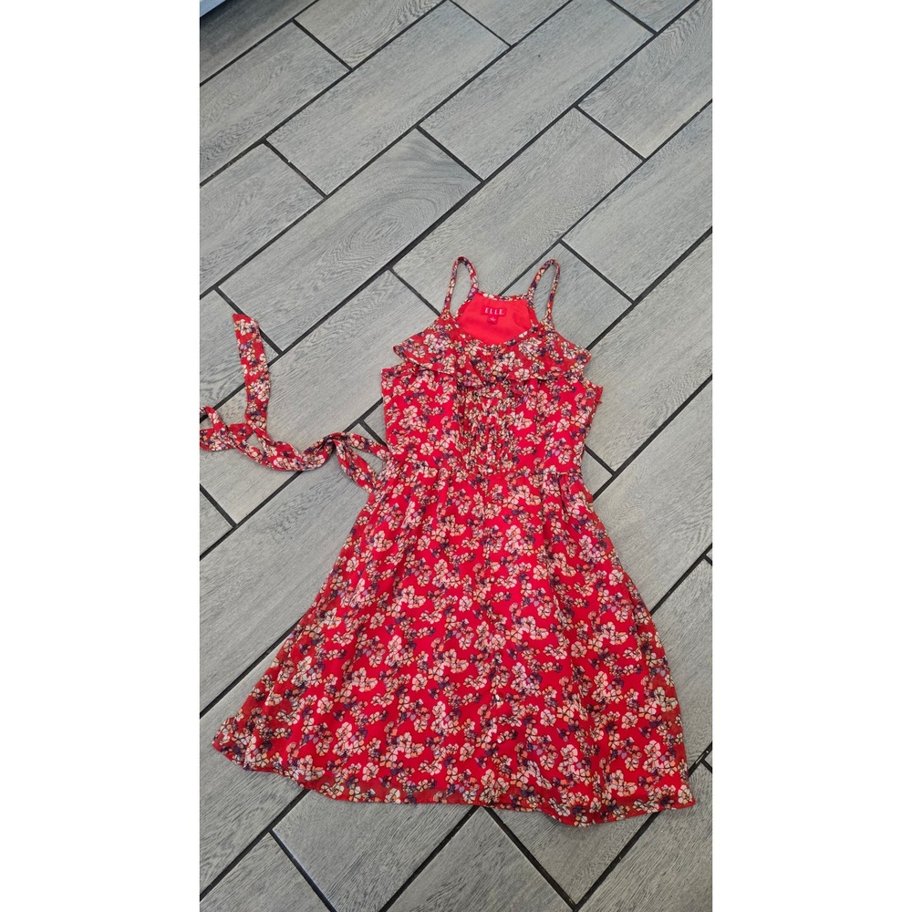 ELLE Floral Print Red Ruffle Spaghetti Strap Dress Women's-2